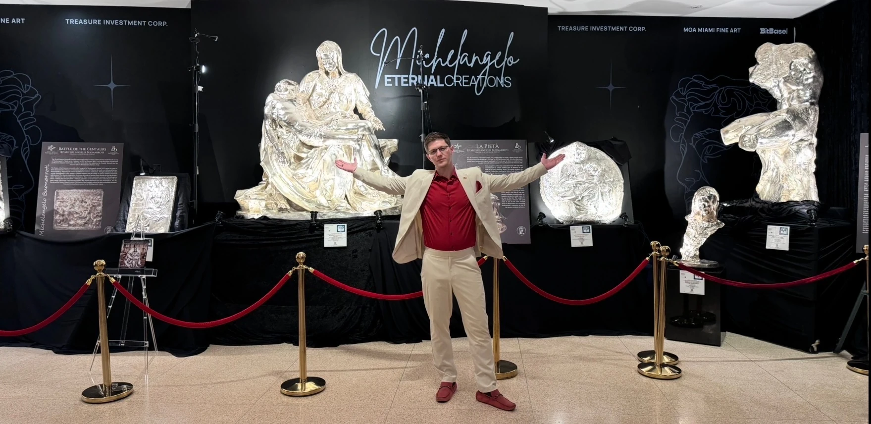 Fine-art exhibition with illuminated sculpture displays