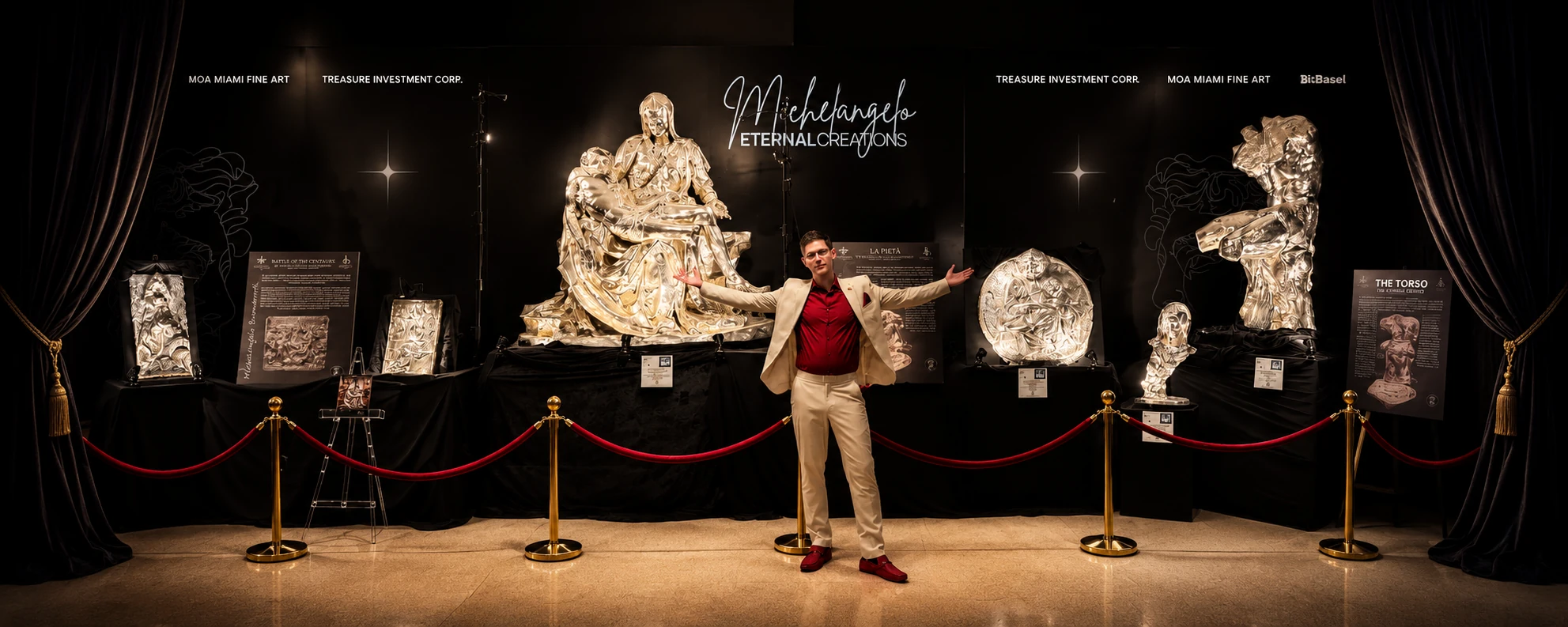 Wide view of a formal fine-art exhibition and sculpture presentation